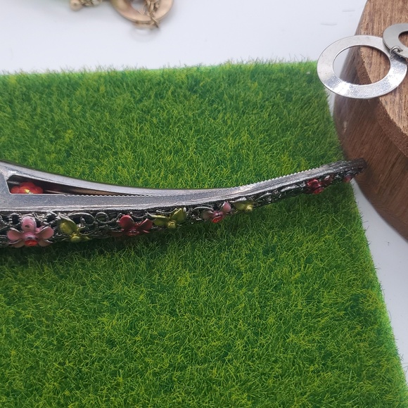 Long Intricate Floral Hair Clip with Pink‎ and Green Accents Overflow main image 2